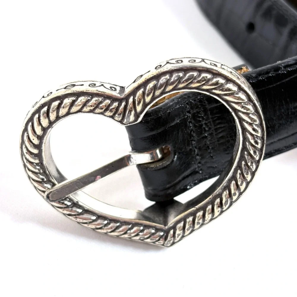 Brighton Belt Black Croc Embossed Leather Heart Buckle Ornate Silver XL B40023